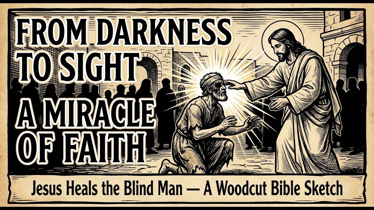 Jesus Heals the Blind Man — A Woodcut Bible Sketch of Faith and Sight Restored