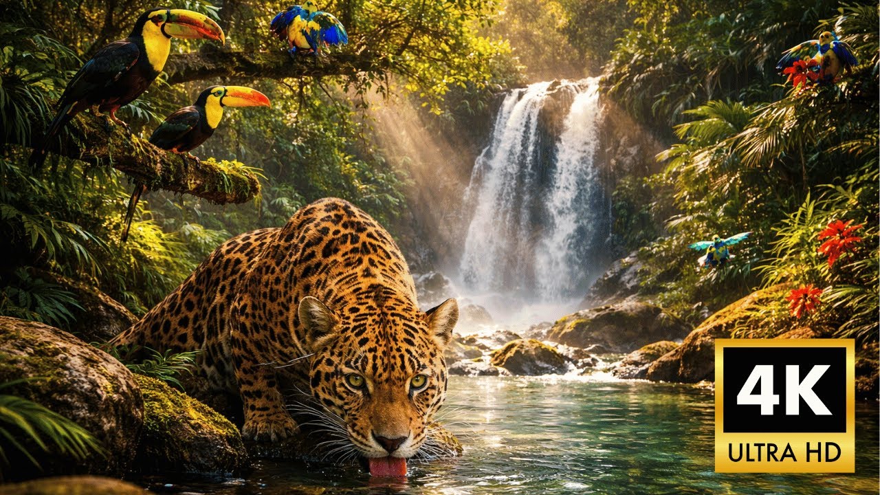 Relaxing Walk in the Amazon: The Hidden Waterfall - Jaguars, Toucans & Pure Water Sounds (4K HDR)