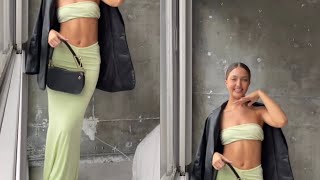 Mint Green Set From Prada + Crop Sleeve Top & Fleece soft Skirt Prada Heels W / Leather Jacket screenshot 4