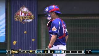 20140715-1 爆米花 台電vs國訓 1上 邱浩鈞離譜暴投保送蔡智榆 蔡智榆一路狂奔上二壘