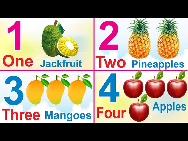 Learn English Numbers 1 to 20 with Spelling | Numbers Names 1 to 20 with Fruits and Animal Names class=