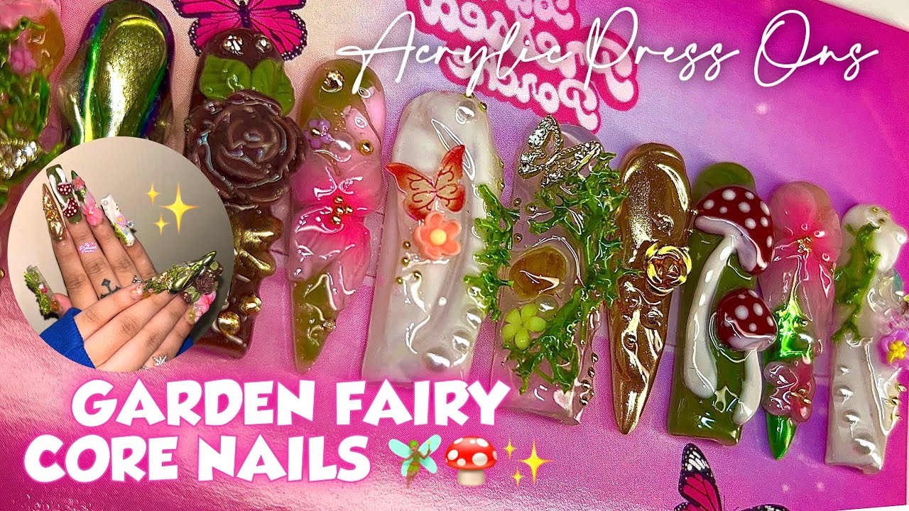 FAIRY CORE GARDEN NAILS 🧚🏽🍄🌺✨ 3D SCULPTED NAIL ART 🤍 ACRYLIC PRESS ONS HOW TO ✨ FULL TUTORIAL