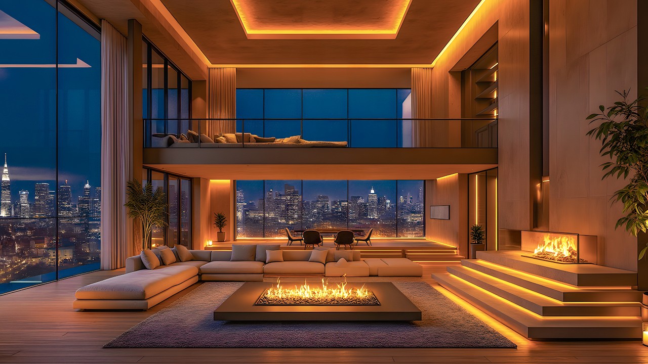 Firelit Night in a Modern High-Rise – Smooth Piano Jazz for Emotional Calm & Sleep