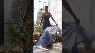 Strapless Navy Floral Tulle Gown Andrea & Leo Style A1379