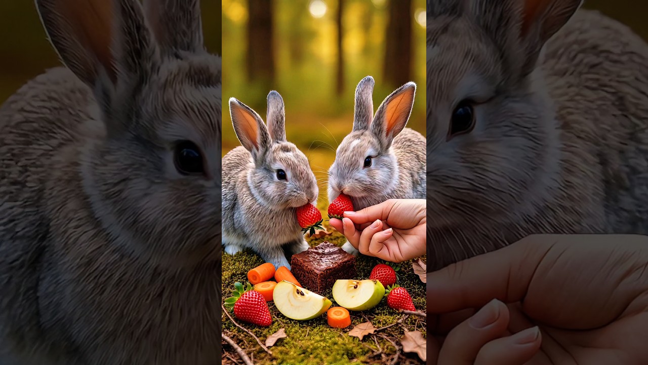 🐇 Rabbits Eating 🍓 🍓 Ultra-Close-Up Forest Feeding