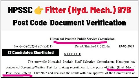 HPSSC👉Fitter (Hyd. Mech.) 976 Post Code Document Verification Notification 2023