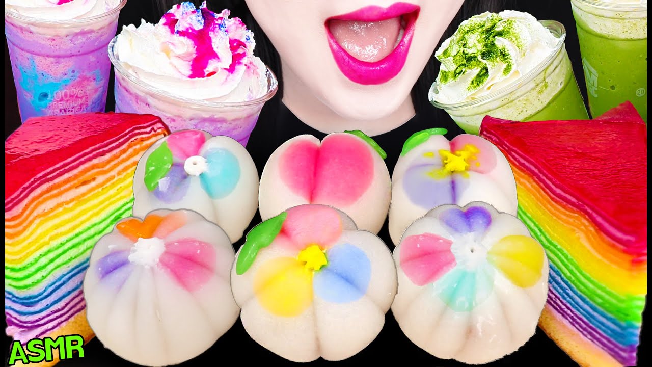 ASMR PASTEL WAGASHI, UNICORN FRAPPE, RAINBOW CREPE CAKE 파스텔 화과자, 유니콘 프라페, 레인보우 크레이프 케이크 먹방 MUKBANG
