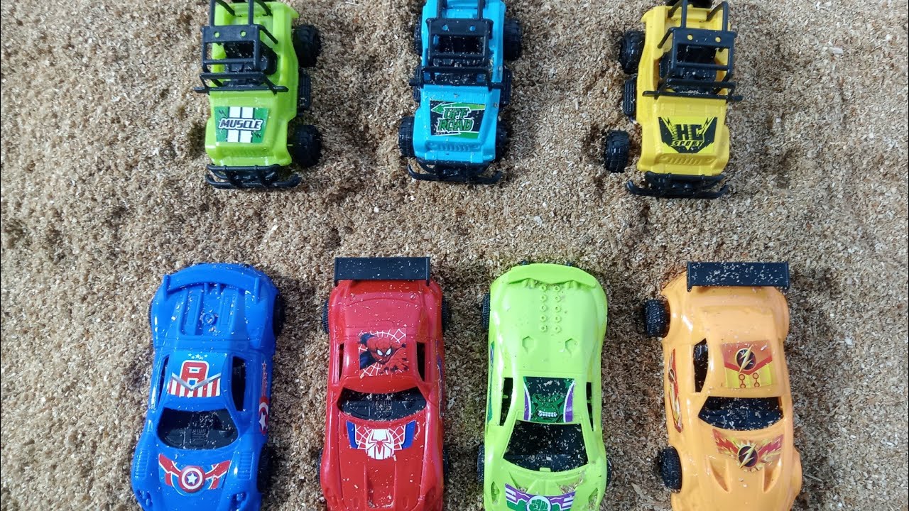 Menemukan Mainan Baru, exavator penggali, Truk Kontainer, Mobil Pemadam, Bus Tayo, Truk Molen, jeep 