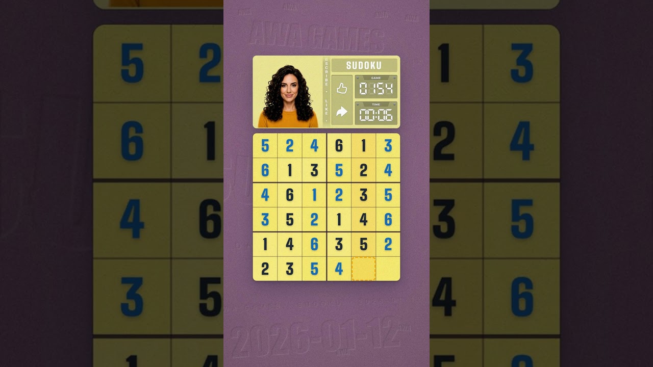 LinkedIn Mini Sudoku #154 solved board for January 12, 2026, 6x6 grid