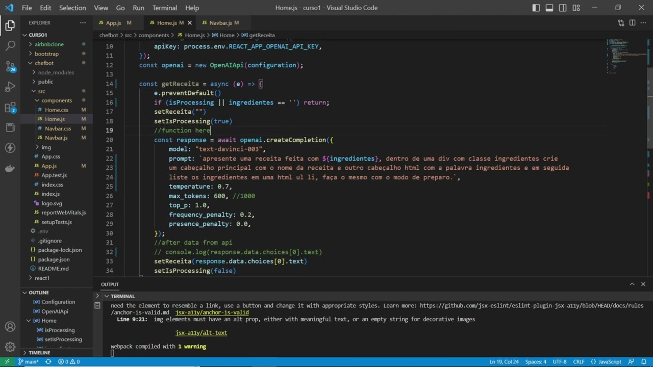 4. ChefBot, Componentes em React.js - React.js e ChatGPT(GPT-3)