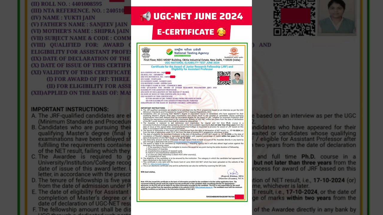 My UGC NET E Certificate 2024 JRF And Assistant Professor AIR 1 Yukti Jain 100 Iler Ugcnet