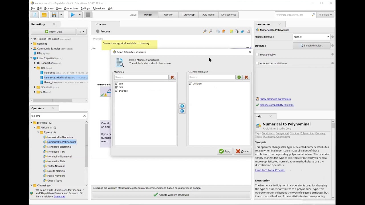 RAPIDMINER. One hot encoding картинка. Select attributes