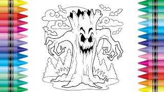 spooky halloween tree coloring page with markers