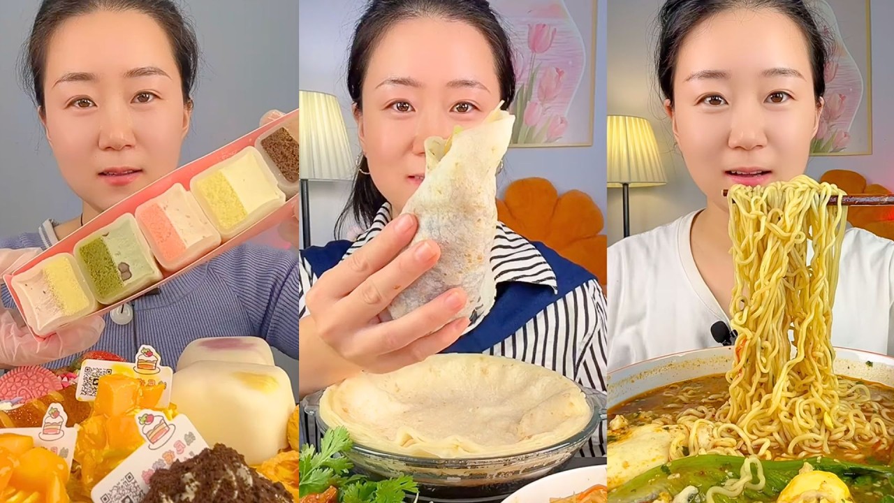 Colorful Milk Desserts, Soft Flatbread Wrap, and Spicy Noodles Mukbang