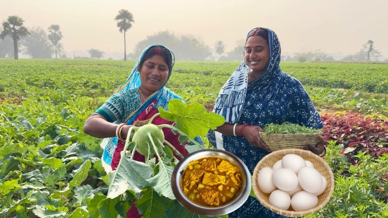 জমির থেকে তোলা টাটকা ওলকপি দিয়ে ডিমের রান্না | সঙ্গে ঘরোয়া ছোলা শাকের ঘন্ট || 