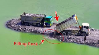 Amazing project! Incredible Dozer SHANTUI DH17 Push Rock Into Lake With SHACMAN Delivery Rock