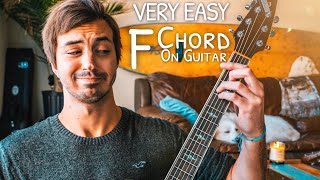 Video thumbnail of "A Beginner Guide To The Dreaded F Chord On Guitar // Easy F Guitar Chord"