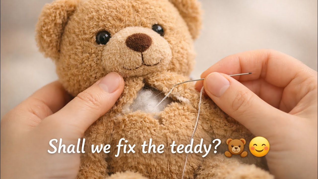 Fixing a Torn Teddy Bear 🧸 ASMR | Sewing & Brushing Sounds @PlushToyASMR