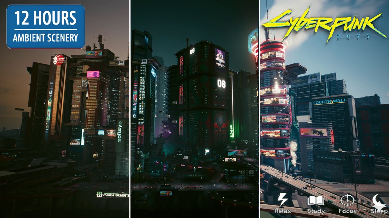 🏙️ 12 ЧАСОВ CYBERPUNK 2077: Цикл День-Ночь, Небоскребы & Трафик Найт-Сити для Сна 🌃