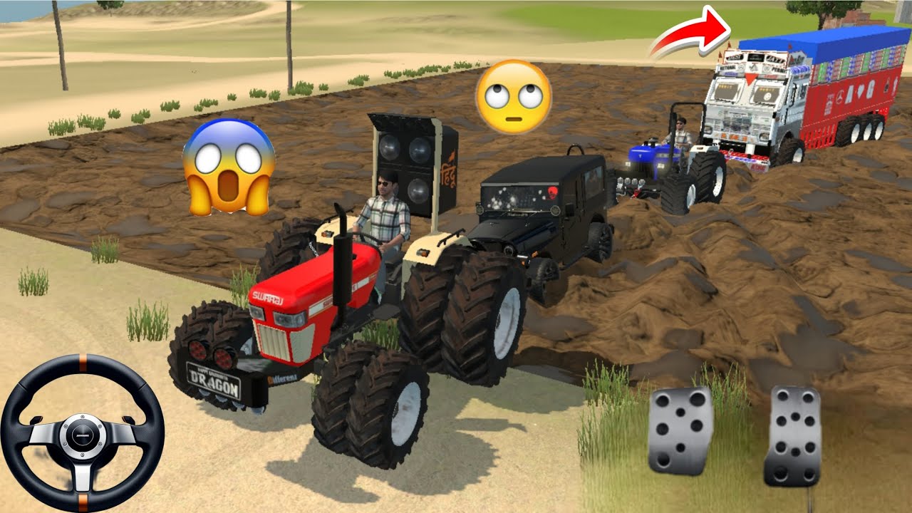 Swaraj-855,🔥Powerful Holland, Tractor🚜and Sidhu Jeap🚗|| Rescue Truck🚛Stuck in Mud || Game ||🔥