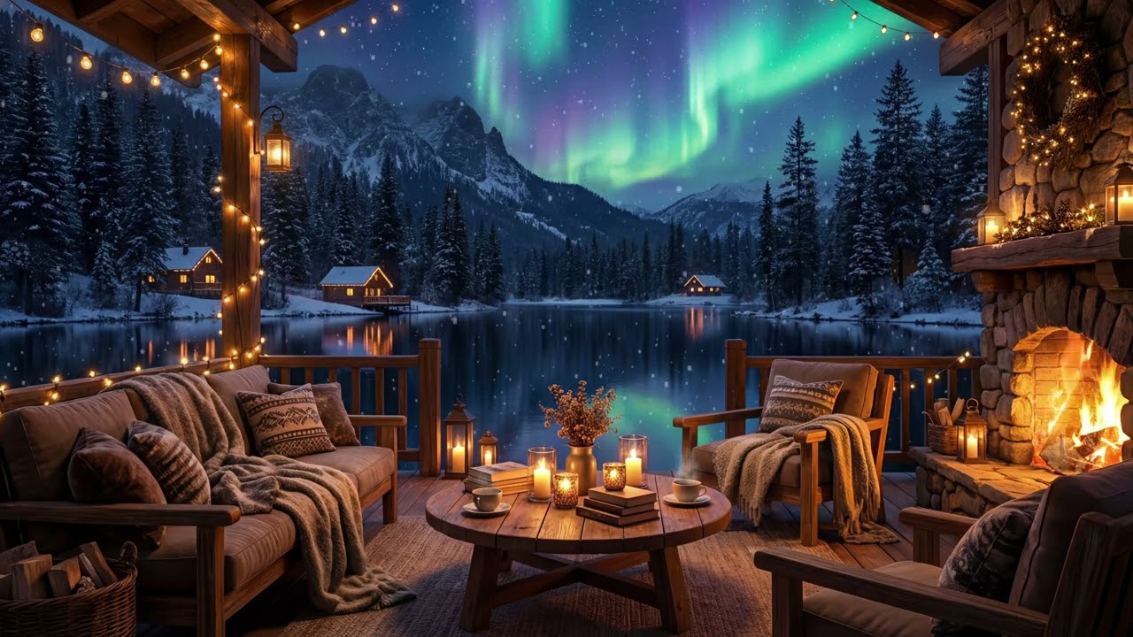 Cozy Night by the Lake ❄️ Fireplace Glow & Northern Lights✨