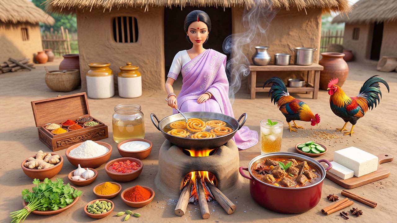 🍯🍛🥤 Miniature Doll Jalebi, Rogan Josh & Paneer Soda Cooking ASMR | Indian Village Tiny Kitchen Story