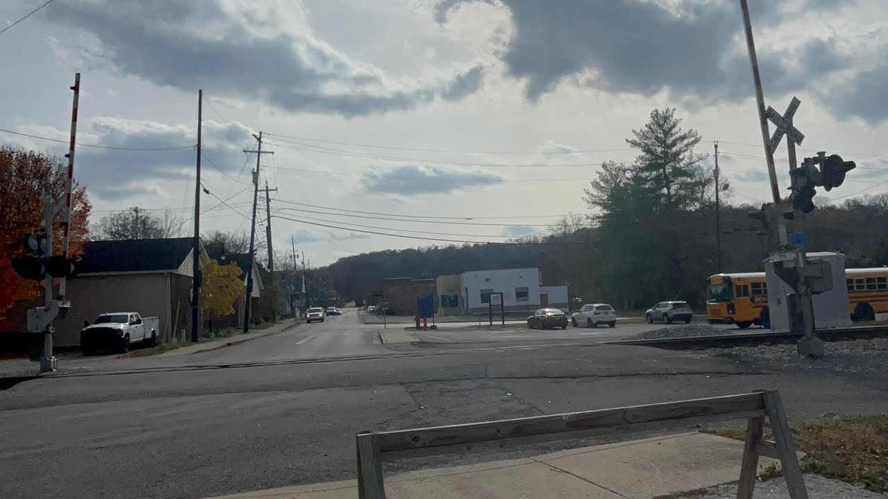 (Badly damaged light) Main Street crossing tour Kingston springs Tennessee 