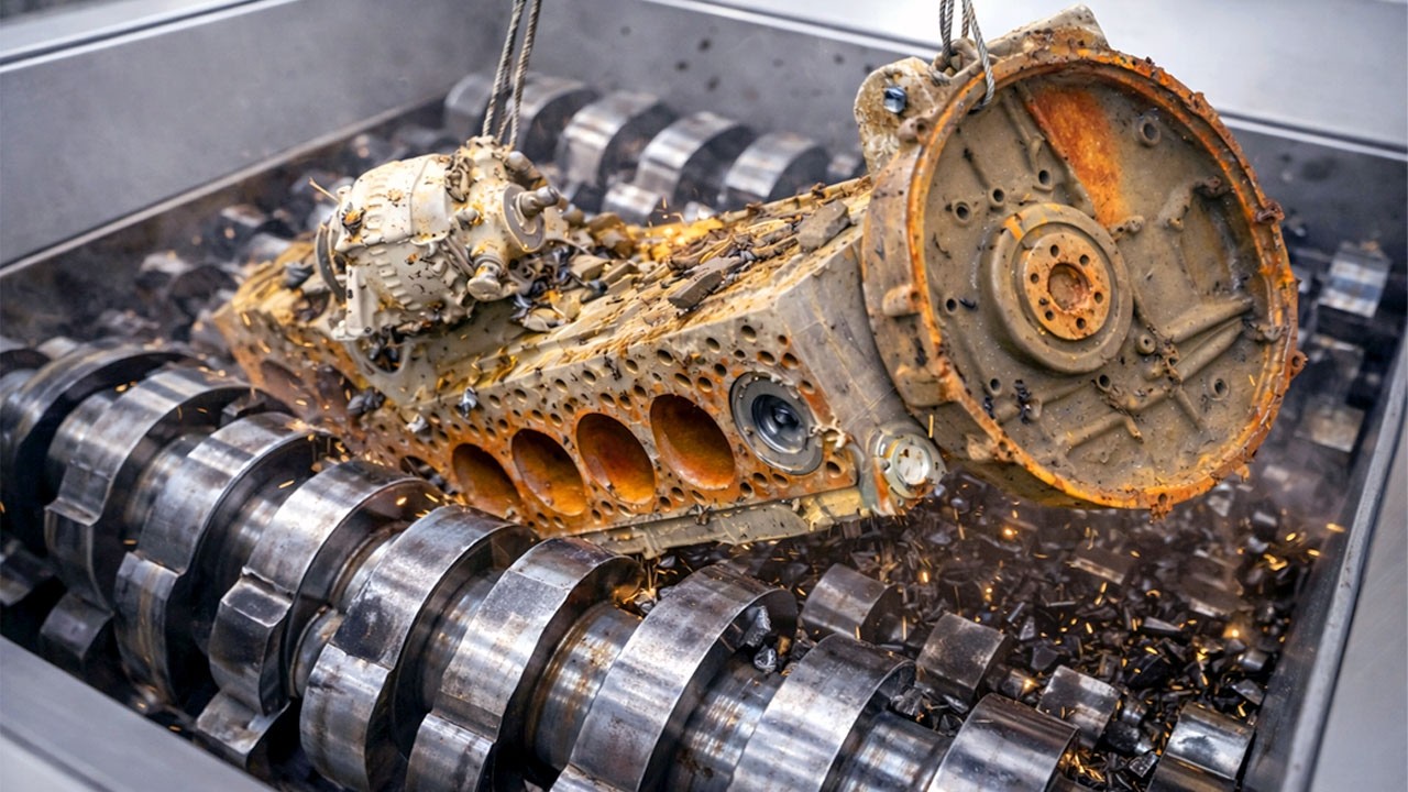 Giant Industrial Shredder Vs Hard Metal Engine! | Extreme Metal Shredding Machine