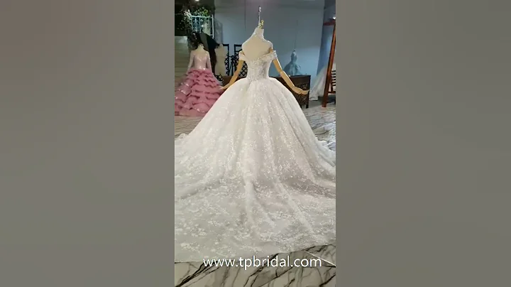 Couture wedding dress off the shoulder sparkly lace with train