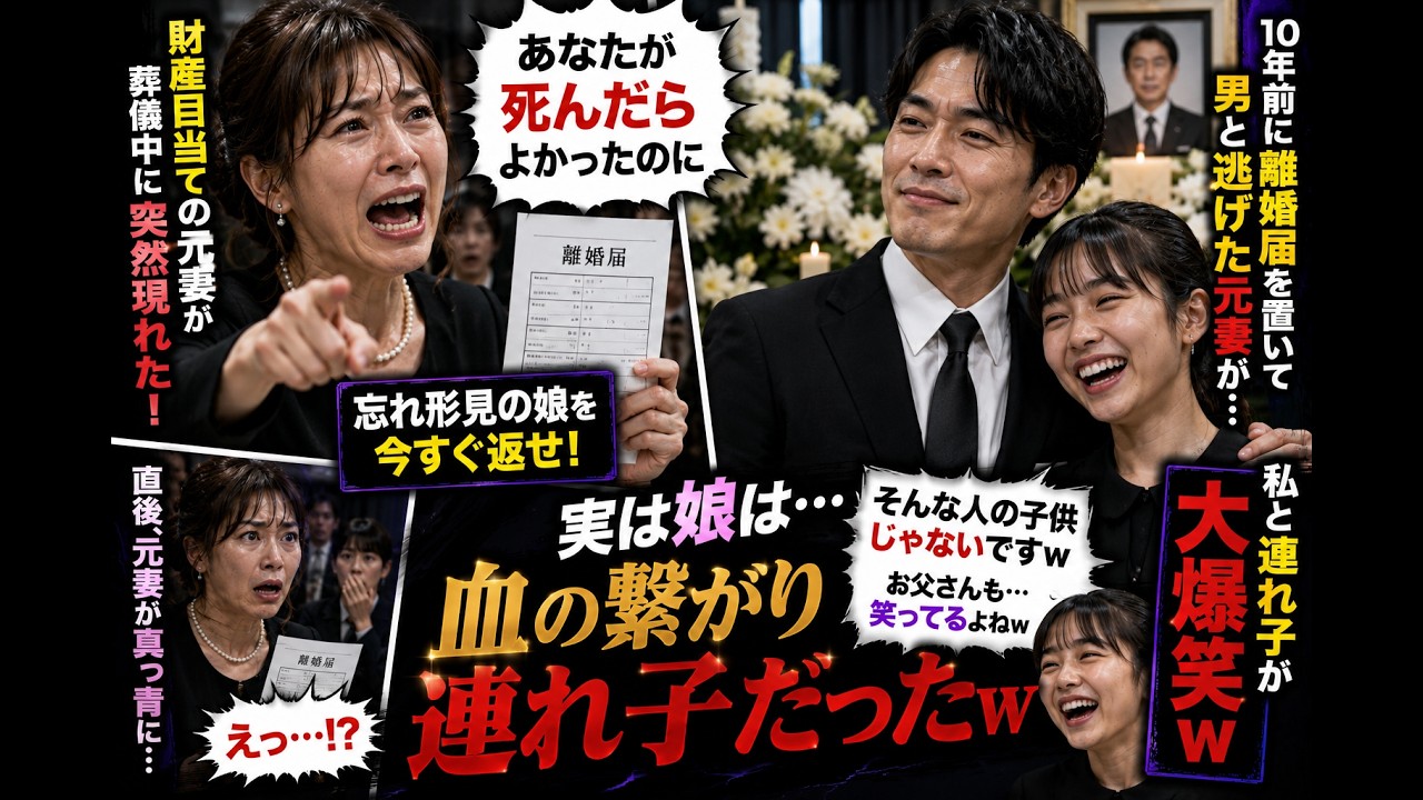 「あなたが死んだらよかったのに」夫の葬儀中、10年前に離婚届を置いて男と逃げた財産目当ての元妻が現れ「忘れ形見の娘を返せ！」→直後、私と連れ子が大爆笑…実はｗ【スカッとする話】