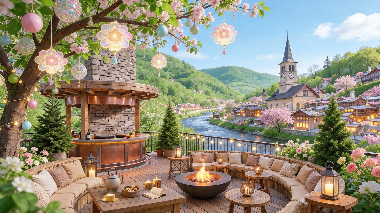 🍃 Cozy Jazz Morning Cafe Ambience ☕ Warm Fireplace, Relaxing Lakeview Terrace for Study & Focus 🌸