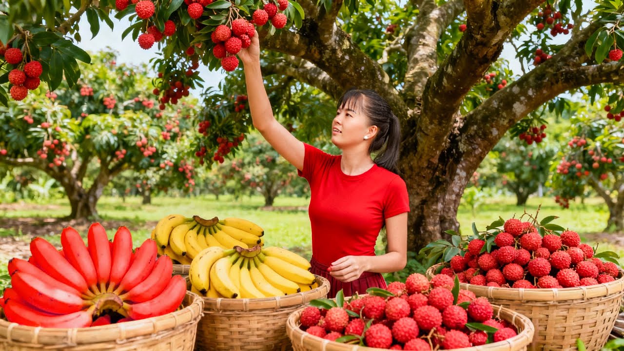 TIMELAPSE -- Harvest 1000+ Red Lychees, Use 3-Wheeled Truck Transport Many Lychees Go To Market Sell
