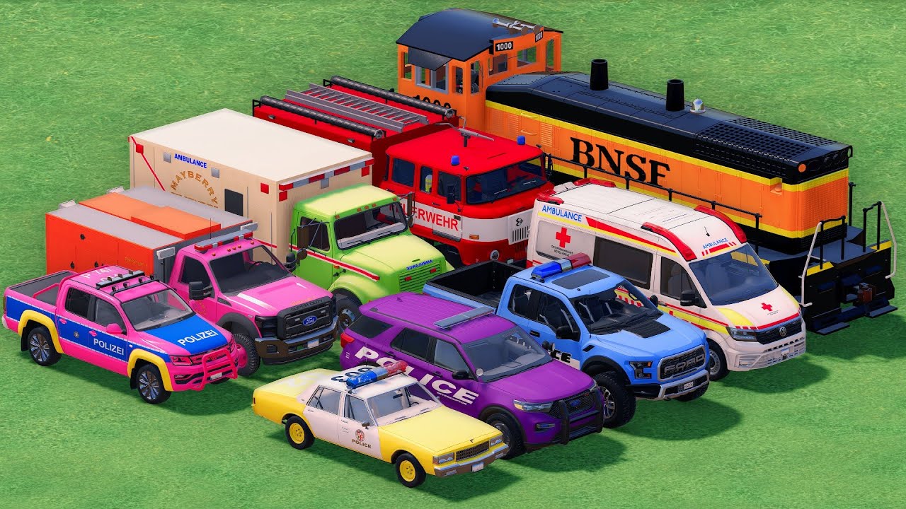 SPECIAL POLICE CARS, AMBULANCE, FIRE TRUCK, COLORFUL CARS WITH TRUCK FARMING SIMULATOR 22!