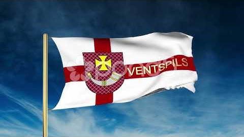 Ventspils Flag Slider Style With Title. Waving In The Wind With Cloud Background