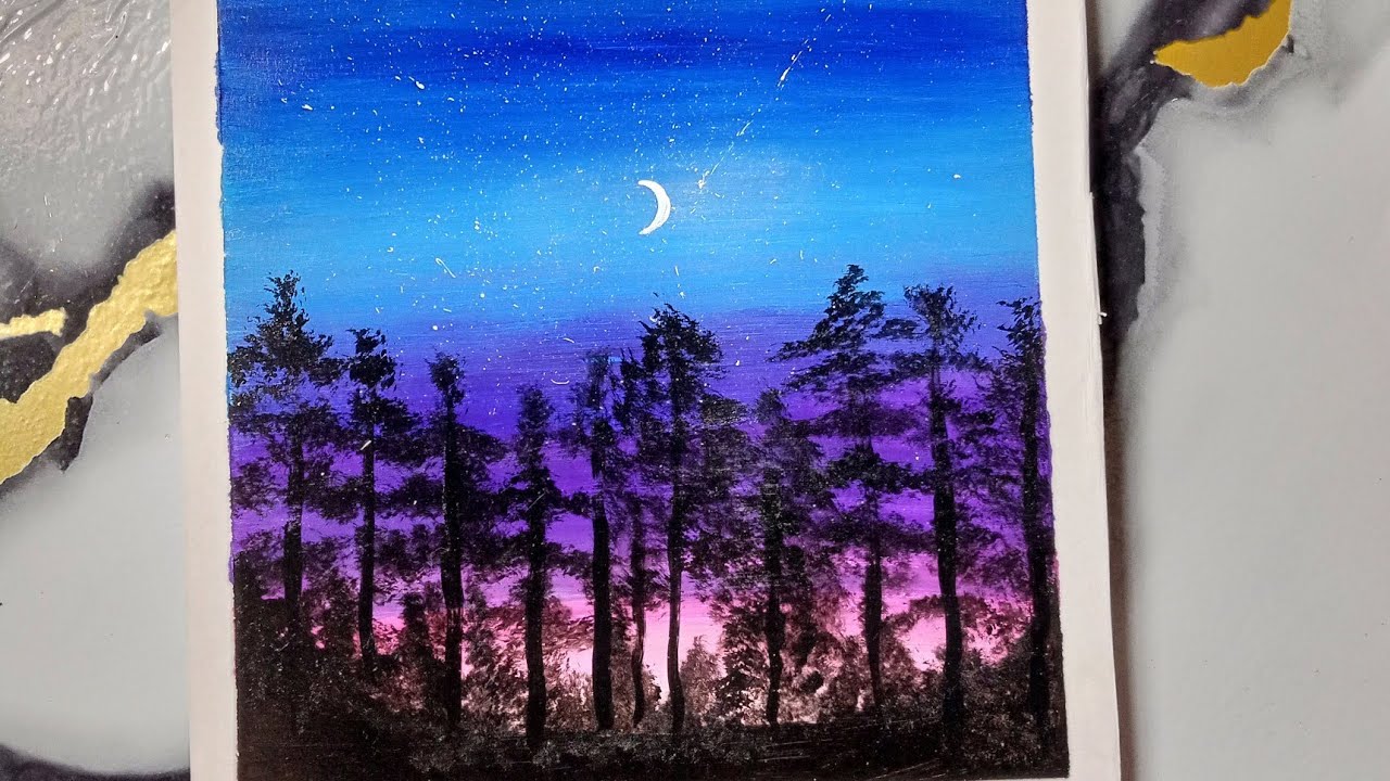 Magical Night Sky Landscape | Easy Acrylic Forest Painting Tutorial ...