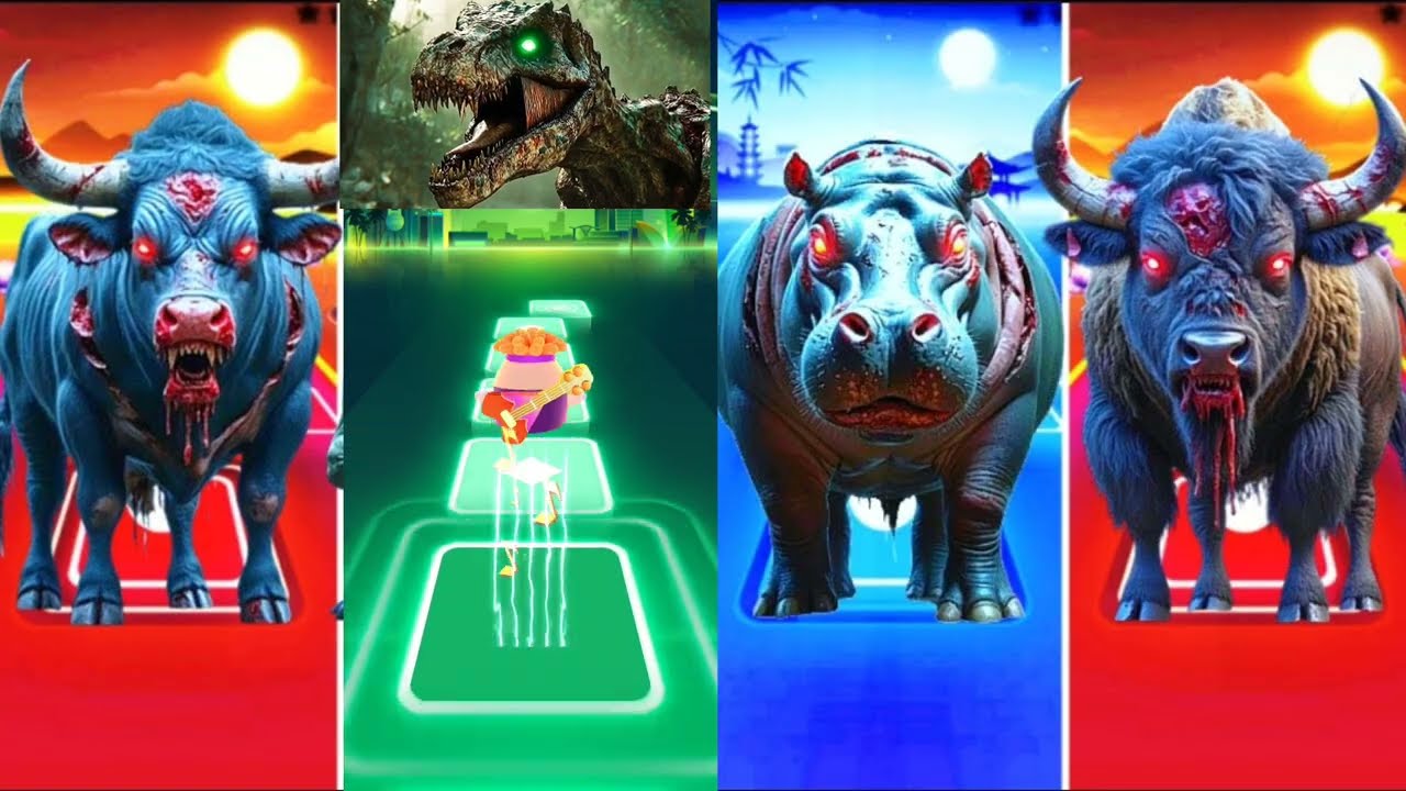 Zombie Bull🐂🆚Zombie Dinosaur🦖🆚Zombie Hippo🦛🆚Zombie Bison🦬| Tiles Hop Animal 