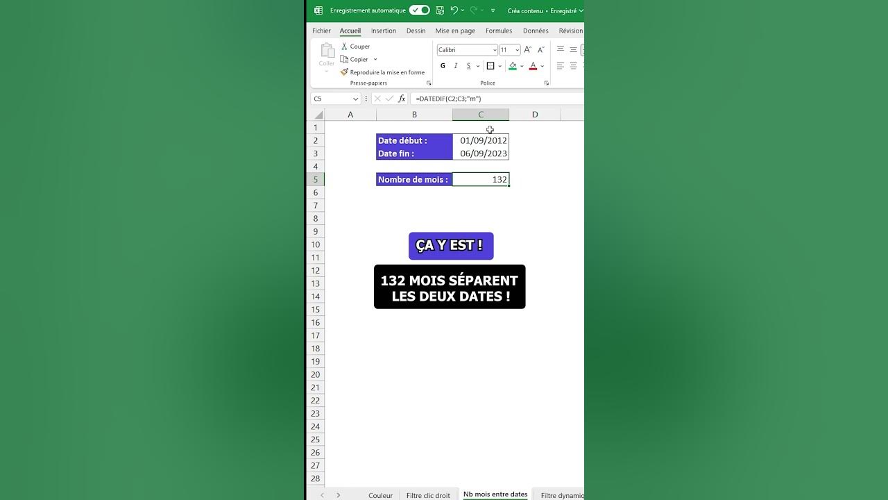 Calculer le nombre de mois entre 2 dates Excel YouTube