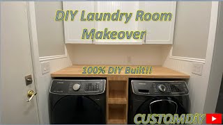 DIY Laundry Room Makeover with Butcher Block Counters and Custom Cabinets