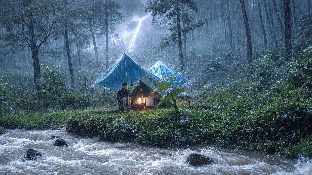 RELAXING AND ENJOYING THE RAIN⛈️ SOLO CAMPING IN POURING HEAVY RAIN AND ...