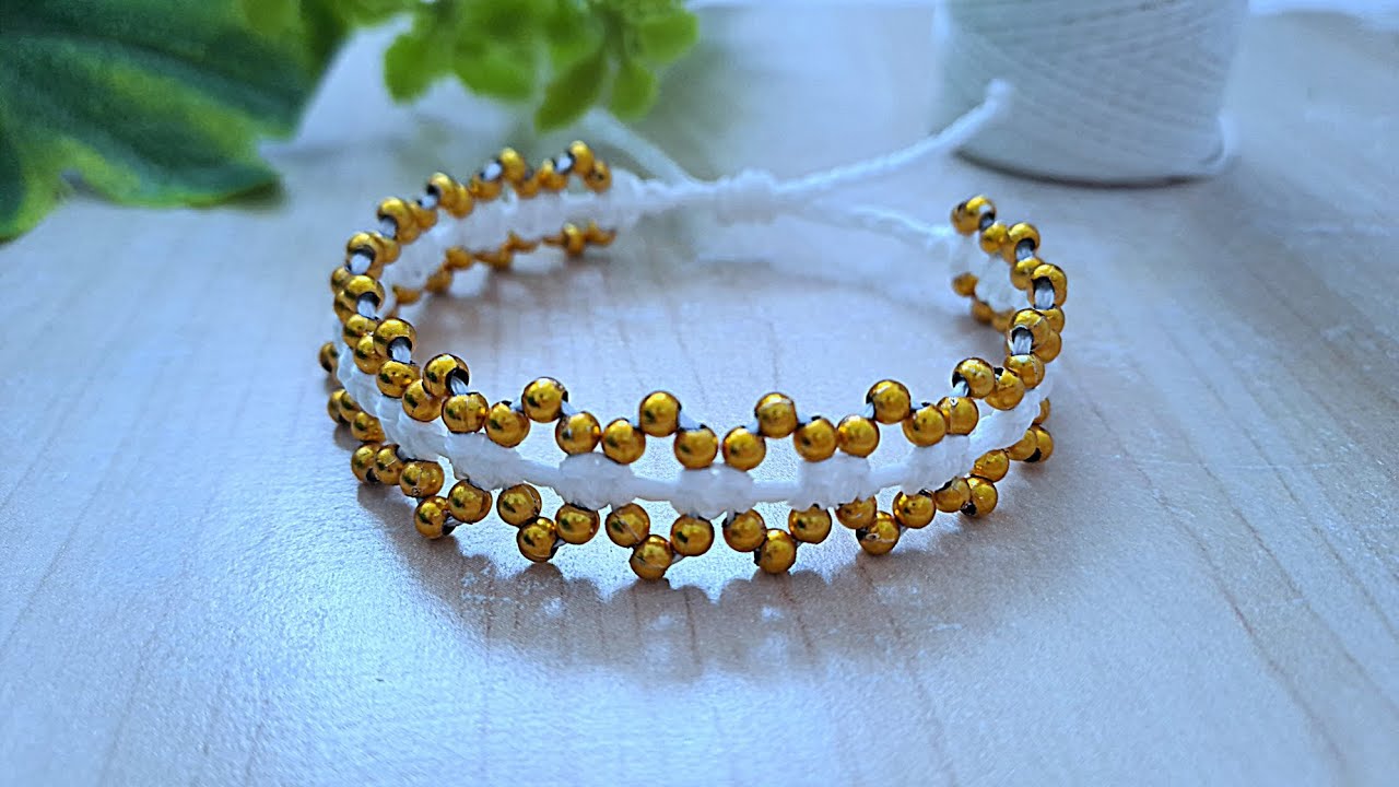 How to Make Square Knot Macrame Bracelet With Metalic Beads | Bracelet ...