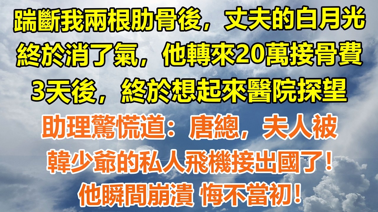 （完結爽文）踹斷我兩根肋骨後，丈夫的白月光終於消了氣，他轉來20萬接骨費，3天後，終於想起來醫院探望，助理驚慌道：唐總，夫人被韓少爺的私人飛機接出國了！他瞬間崩潰 悔不當初#情感生活#老年人#幸福生活