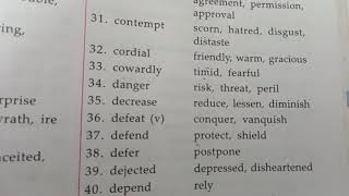 Synonyms in English/ cheat deceive/cheerful merry/ coarse rough/ depend rely/ despise hate/defer....