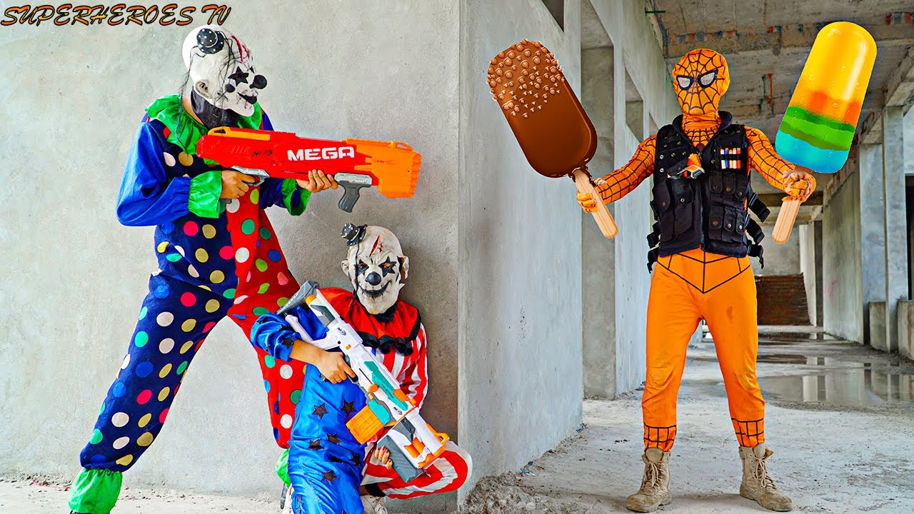 Superheroes TV Spider Man X Warriors Nerf Guns Robber ICE CREAM