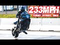 Fastest Street Bike EVER! 750HP Turbo GSXR Goes 233MPH in 6 Seconds (WHEELIES ACROSS FINISH LINE!)