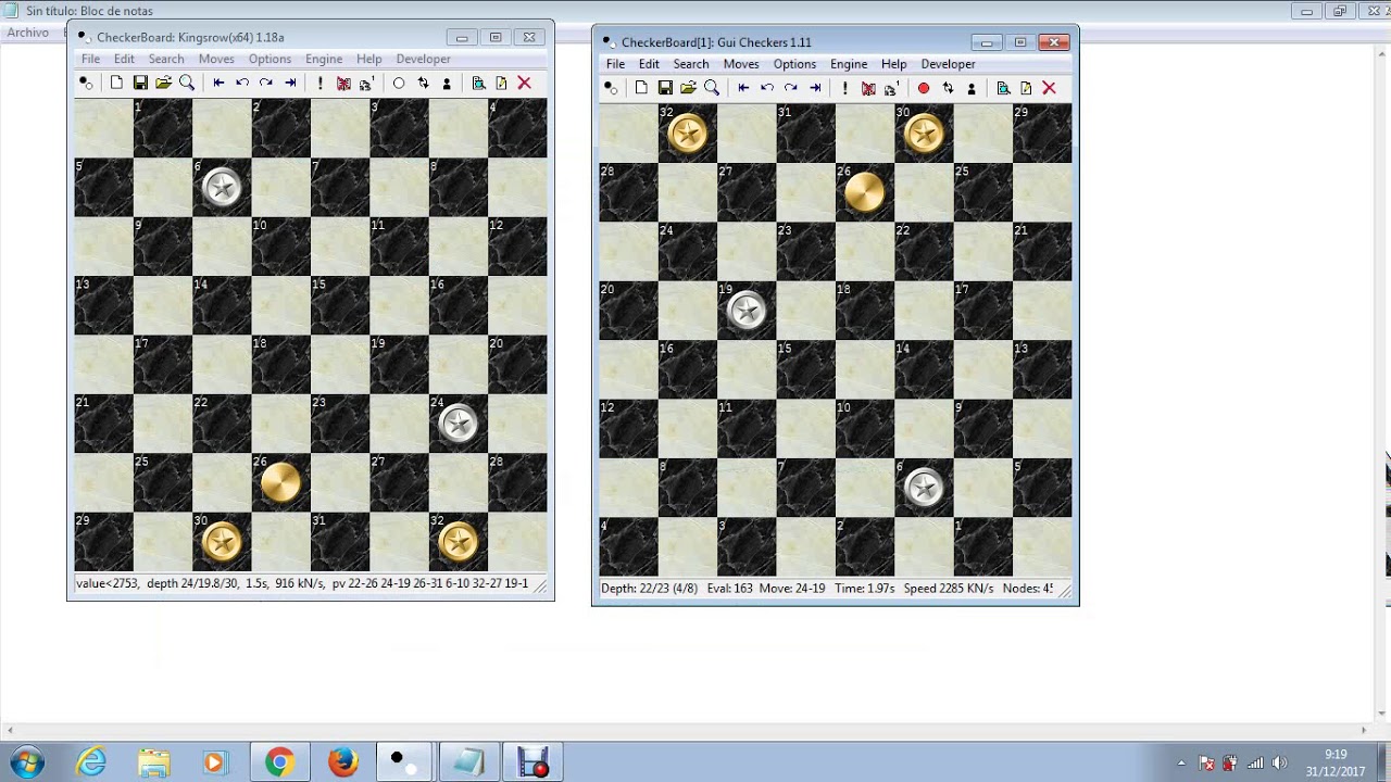 Guicheckers 1.11(3819  elo) vs Kingsrow 1.18a(3879 elo) 0-1