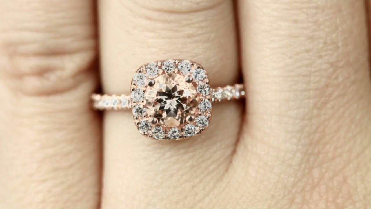 14k Rose Gold Engagement Ring Diamond Ring 6mm Round Cut Morganite Ring Halo Diamond Wedding Ring...
