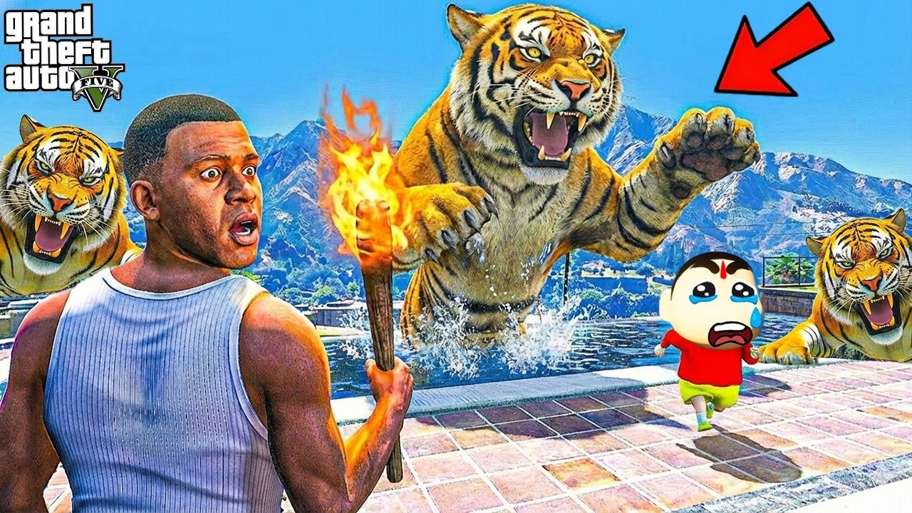GTA V : Franklin & Shinchan ESCAPE From Biggest Tigers Animal Attack Trap in GTA 5