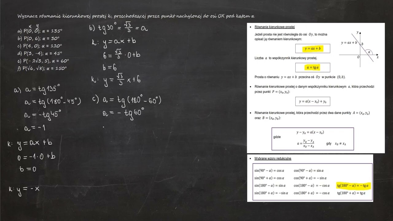 6.21. Wyznacz równanie kierunkowe prostej k, przechodzącej przez punkt nachylonej do osi OX pod α.