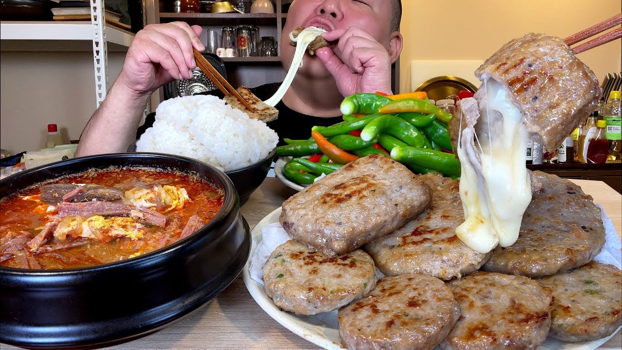 시골육개장+치즈떡갈비+새우떡갈비+엄청매운 노지땡초 한식먹방 입니다. feat 온밥앤 떡갈비