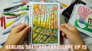 Healing sketchbook tour oil pastel landscape painting ep 15